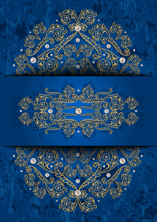 Ornate blue background with gold decorative vector - Vector Background