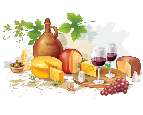 Wine with cheese and grapes bread vector 02 - Vector Food ...