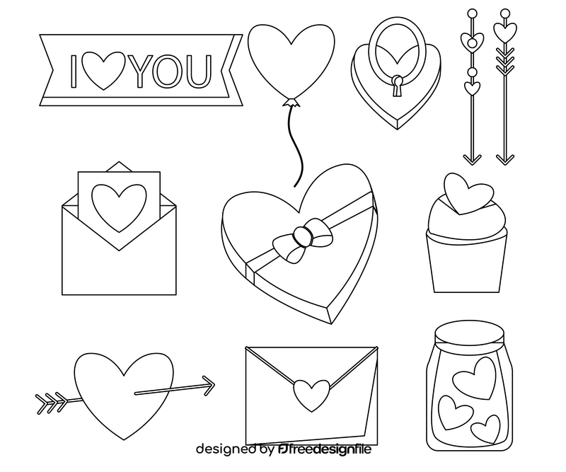 Romance, love elements black and white vector