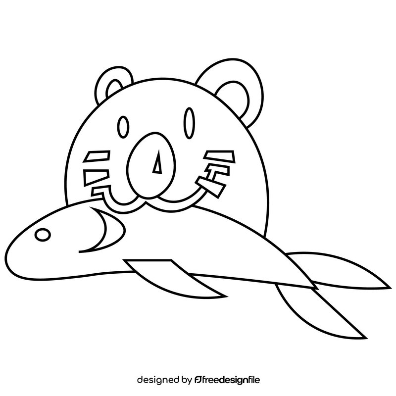 Cute otter fish eating drawing black and white clipart