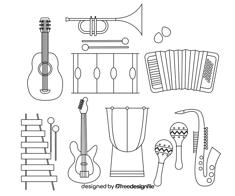Cartoon musical instruments black and white vector