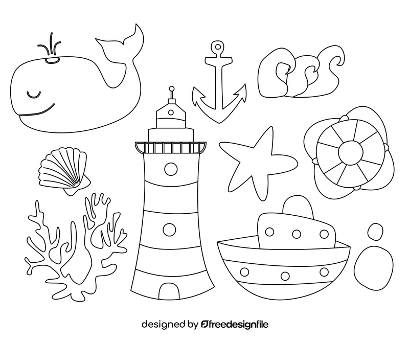 Sea elements, sea life black and white vector