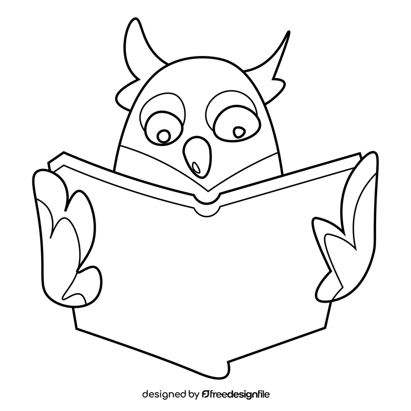 Cartoon owl with book black and white clipart