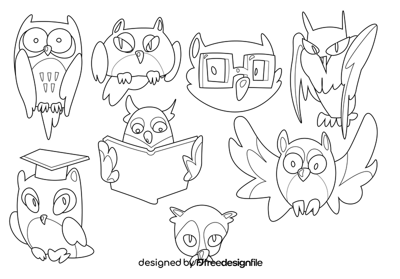 Owl cartoon set black and white vector