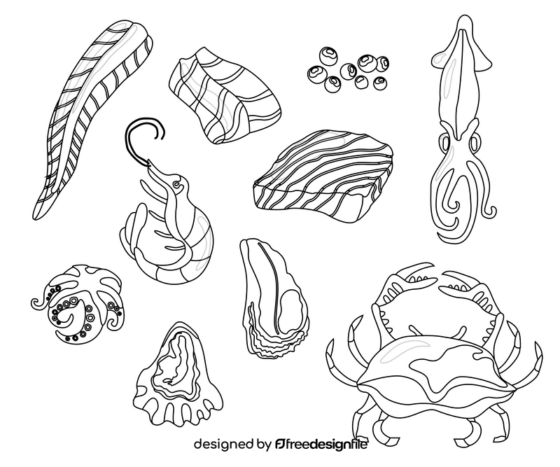 Seafood, fish meat black and white vector