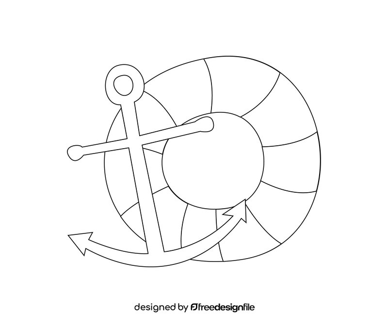 Cartoon anchor with lifebuoy black and white clipart