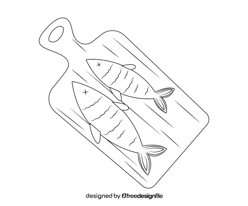 Fish on cutting board black and white clipart