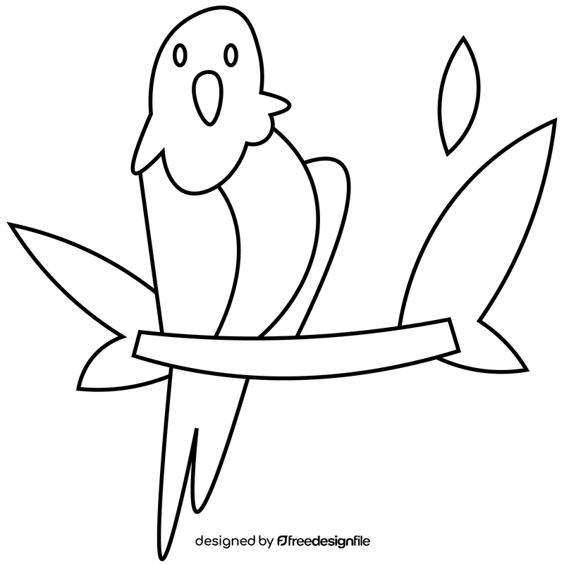 Cartoon parrot sitting on branch drawing black and white clipart