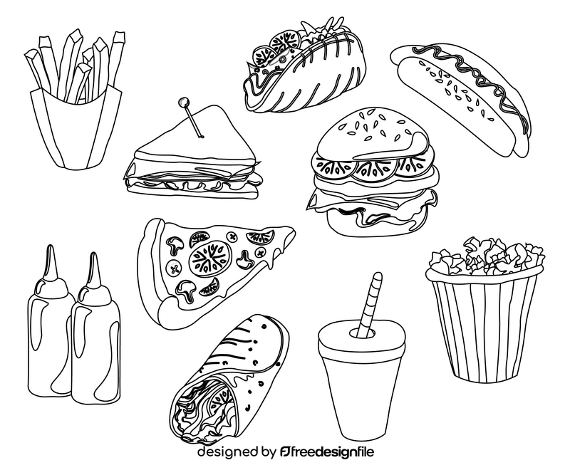 Fast food, junk food black and white vector