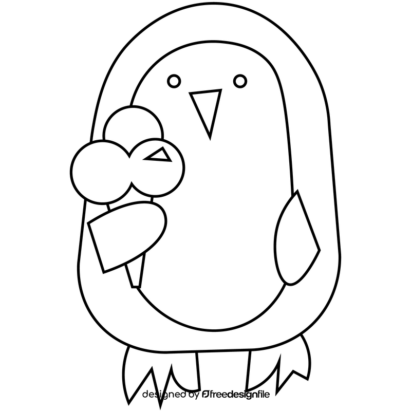 Cartoon penguin with an ice cream drawing black and white clipart