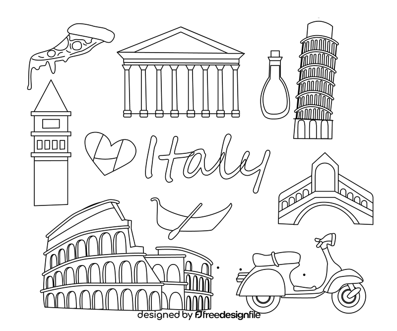 Italy travel sightseeing, Italy symbols black and white vector