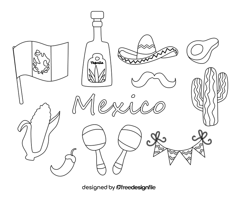Mexican symbols, Mexico icons black and white vector