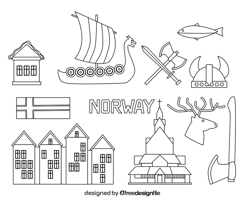 Norway, Norwegian symbols black and white vector