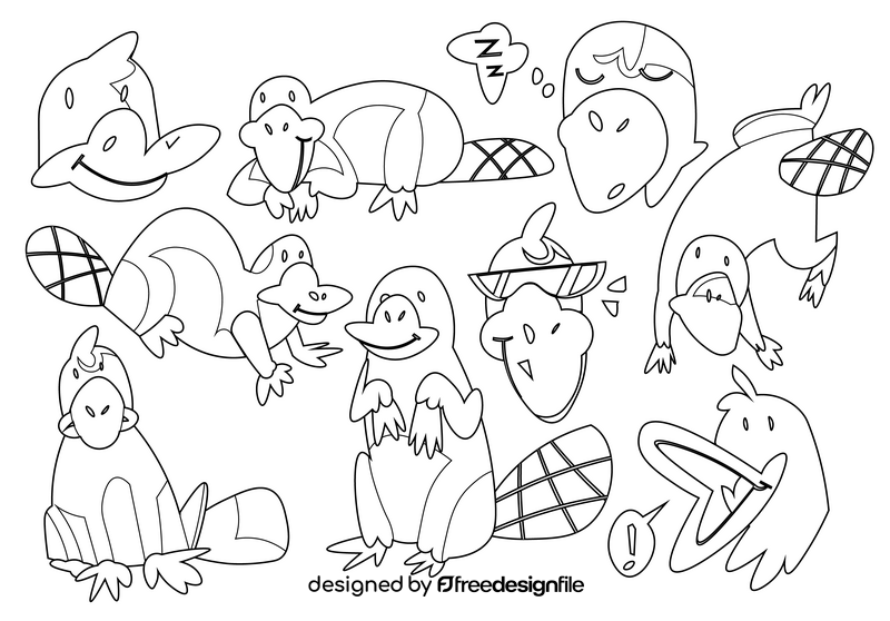 Platypus cartoon set black and white vector