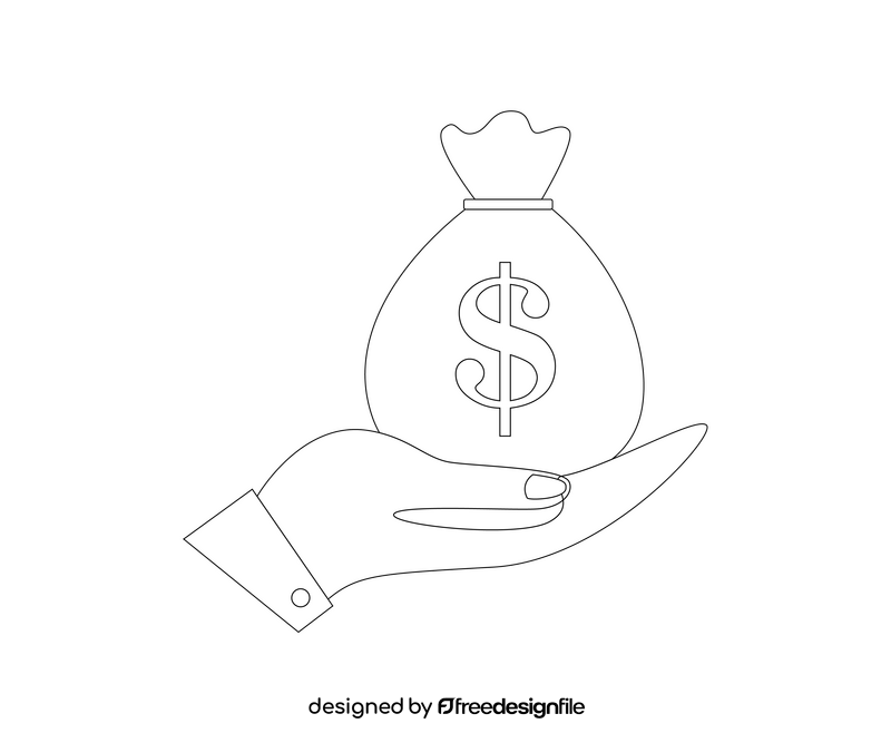 Hand holding money bag with dollar sign black and white clipart