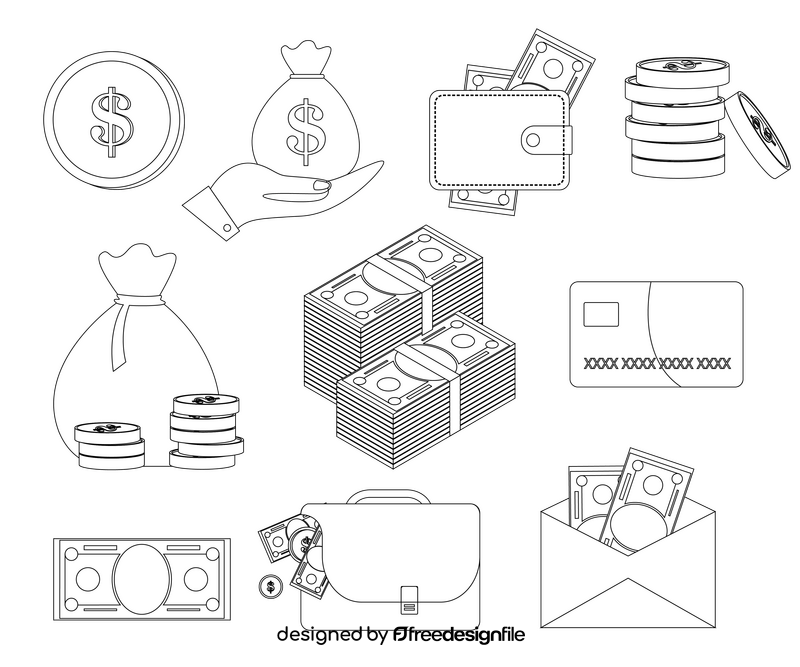 Money, coins, cash bags black and white vector