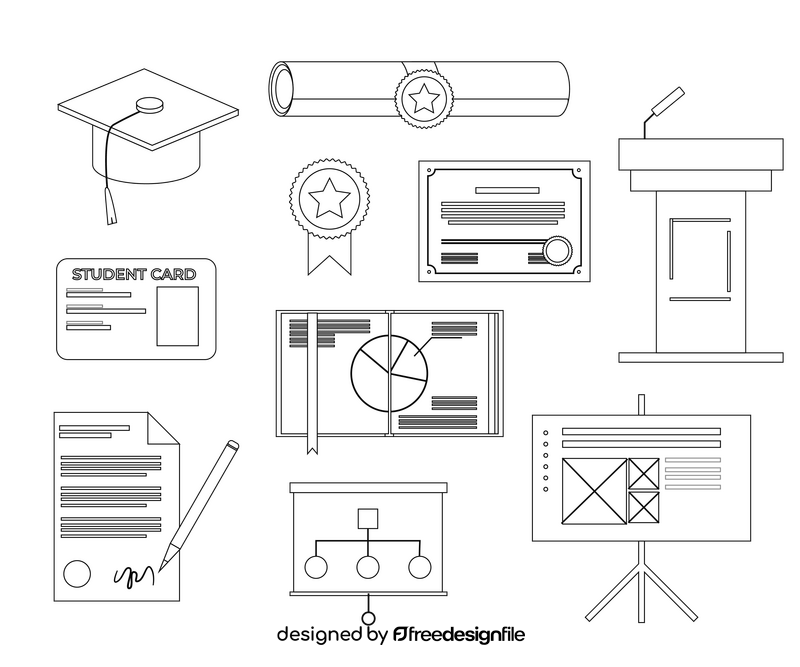Education set, college, university black and white vector
