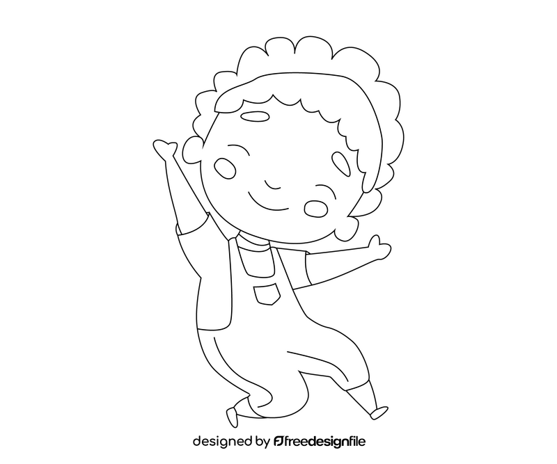 Curly dark skinned cartoon boy in a jumpsuit black and white clipart