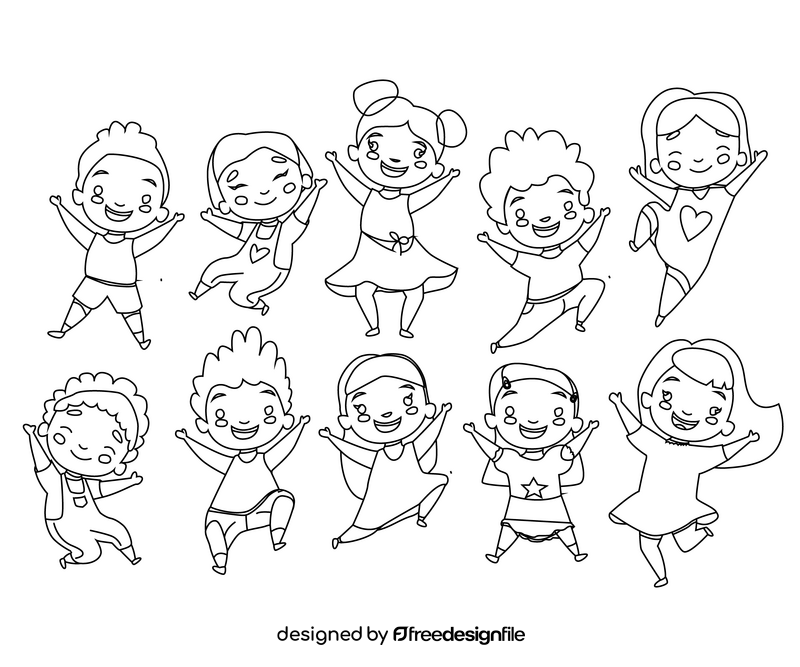 Happy children, cute boys, smiling girls black and white vector