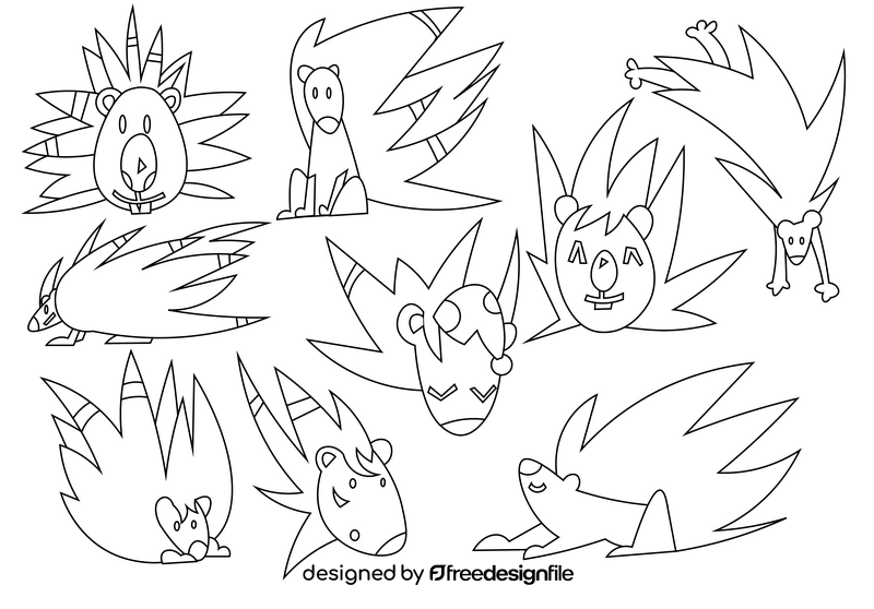 Porcupine cartoon set black and white vector