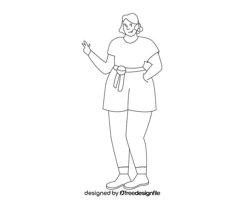 Cartoon chubby girl standing black and white clipart