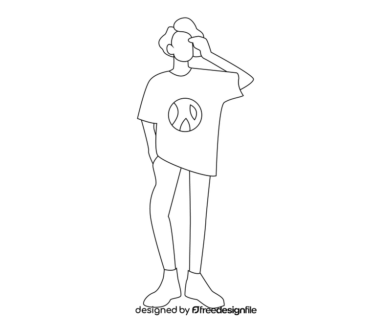 Cartoon boy in lavender T shirt black and white clipart