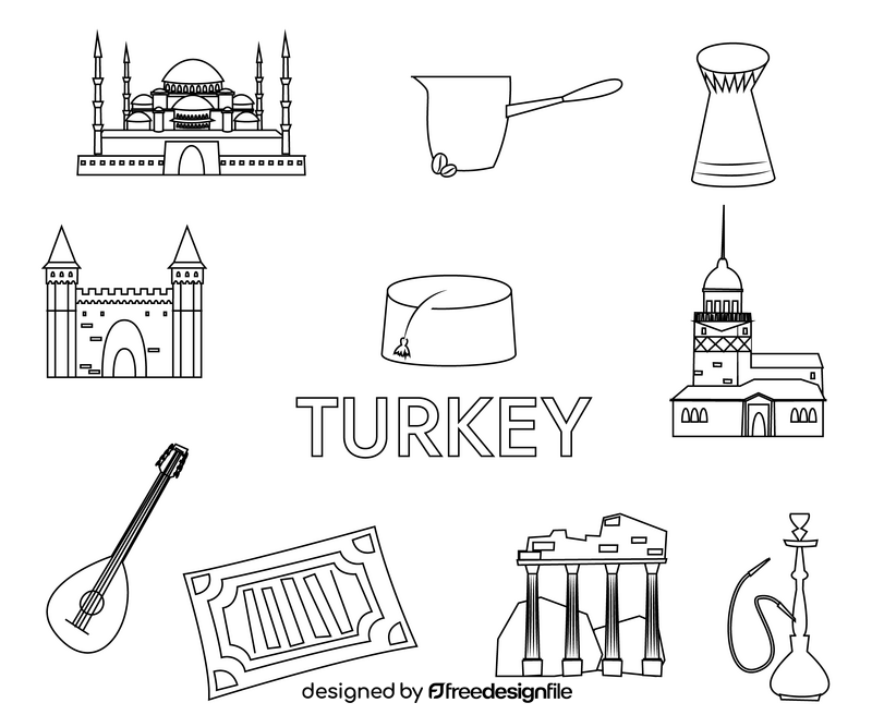 Turkey travel symbols, attractions black and white vector