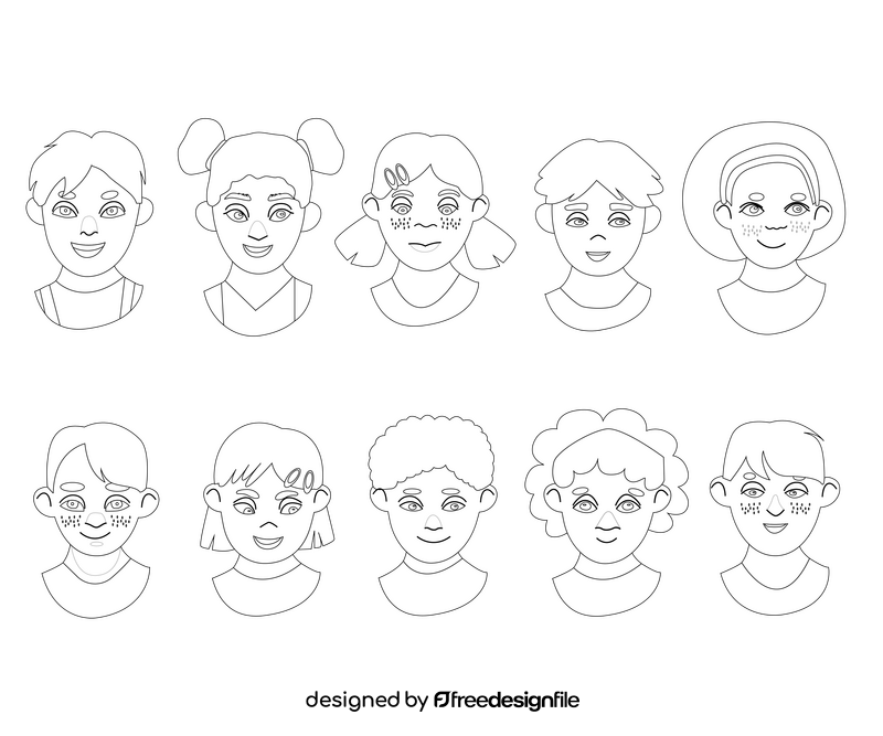 Children faces, boys and girls portraits black and white vector free ...