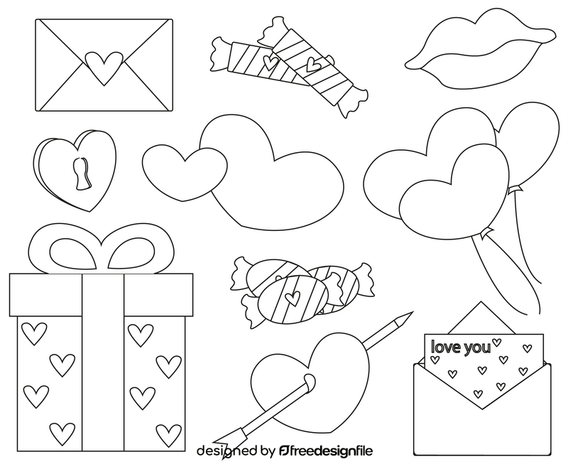 Valentine's Day items black and white vector