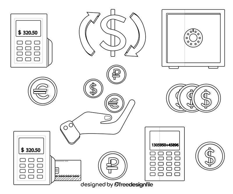 Coins, credit cards, terminals black and white vector