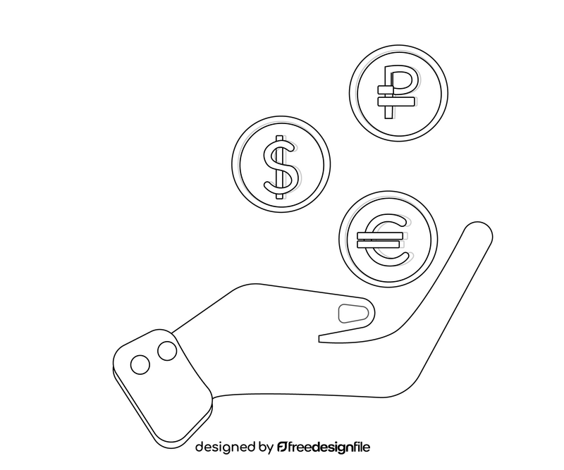 Gold coins on hand free black and white clipart