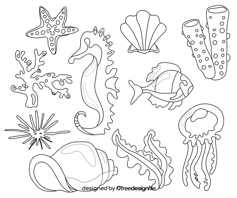 Sea life, marine animals black and white vector