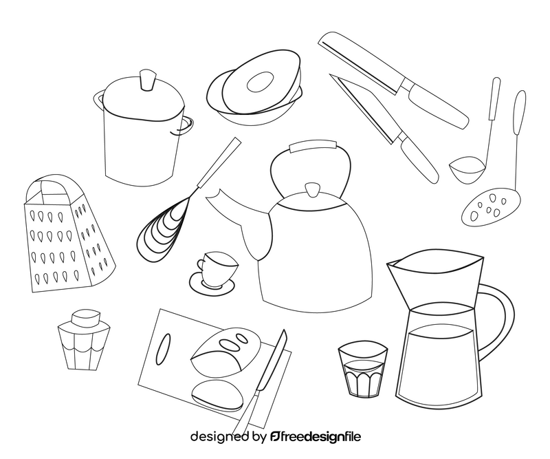 Kitchen tools, kitchen utensils black and white vector