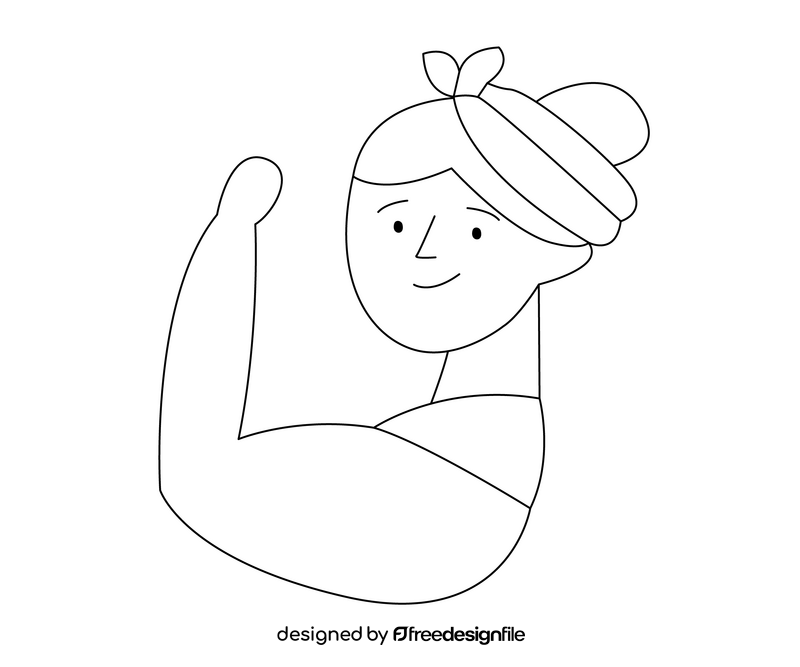 Cartoon girl with muscular arm black and white clipart