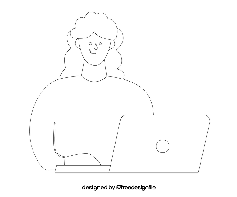 Cartoon woman working on laptop computer black and white clipart