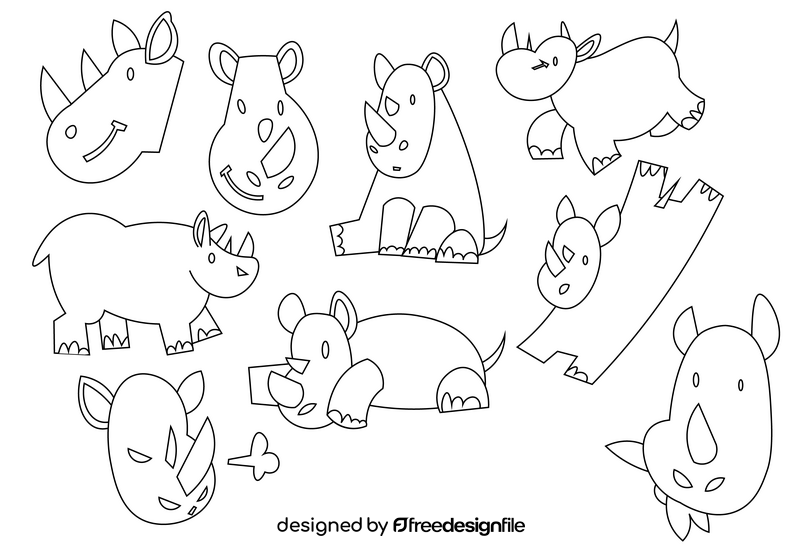 Rhino cartoon set black and white vector