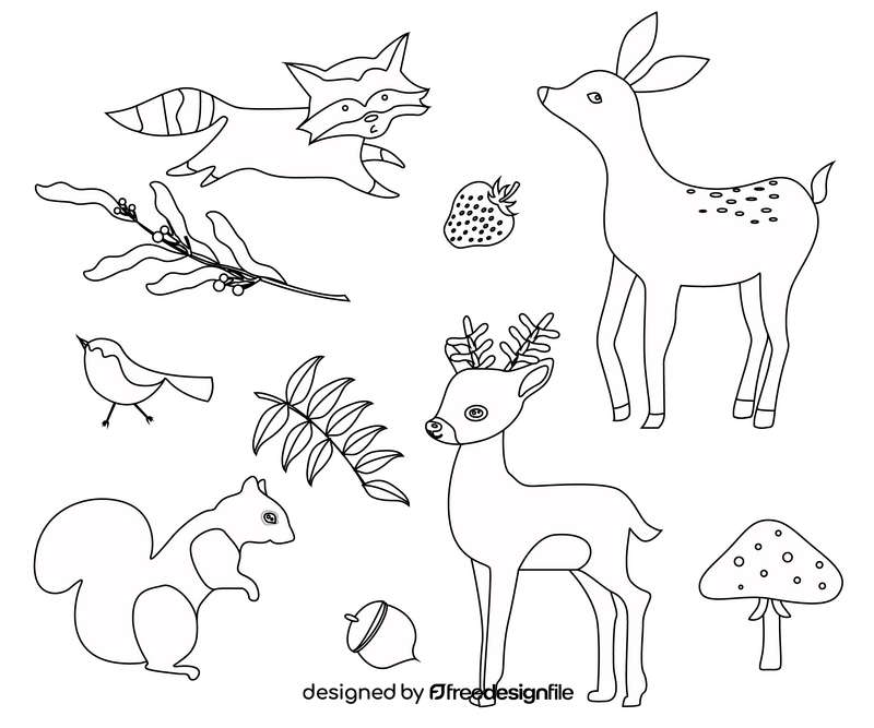 Forest animals set, forest fruits black and white vector