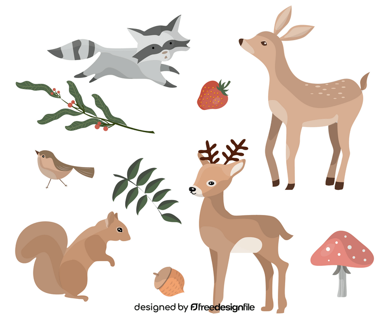 Forest animals set, forest fruits vector