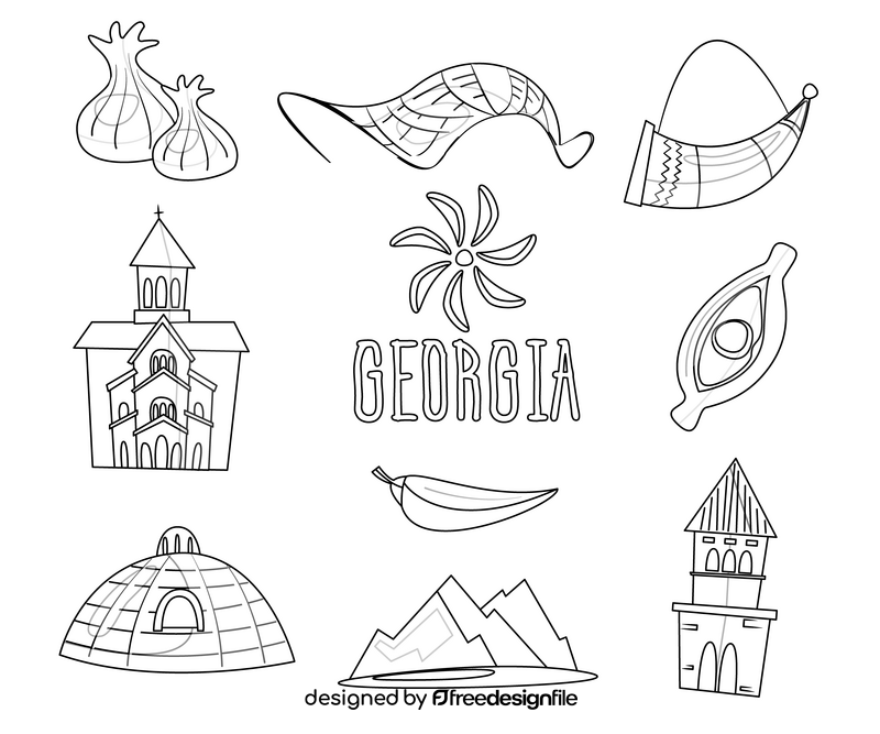 Georgia color linear icons, travel sights black and white vector