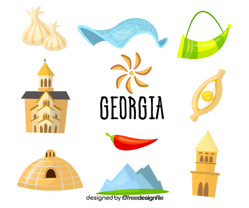 Georgia color linear icons, travel sights vector
