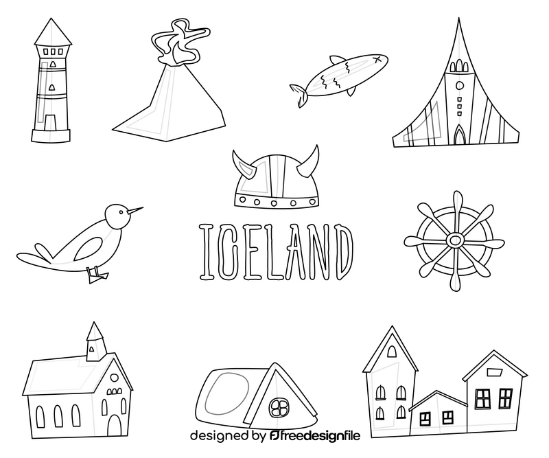 Iceland tourist attractions black and white vector