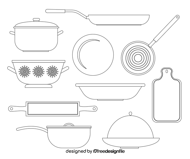 Tableware set, cutlery black and white vector