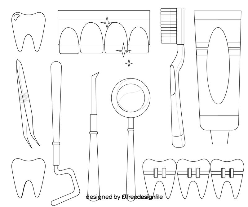 Dentist and dental equipment black and white vector