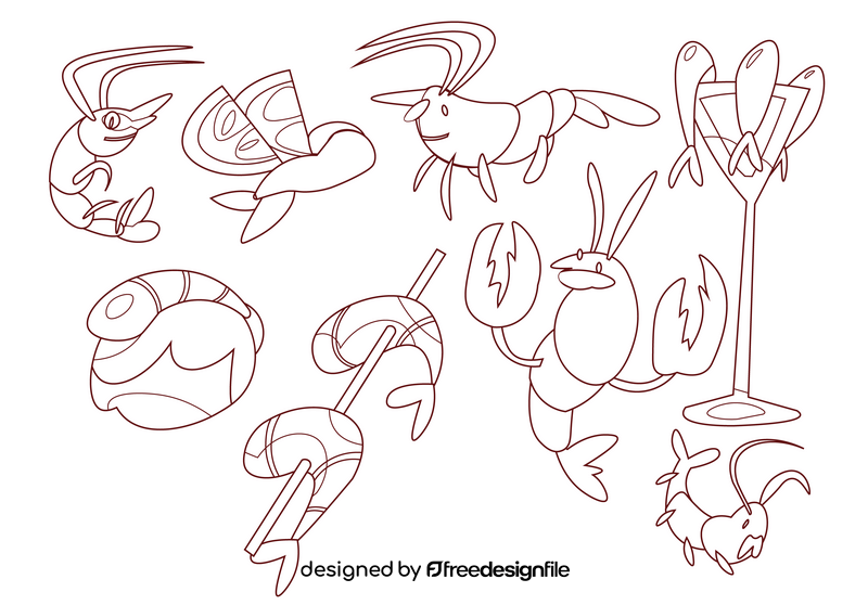 Shrimp cartoon set black and white vector