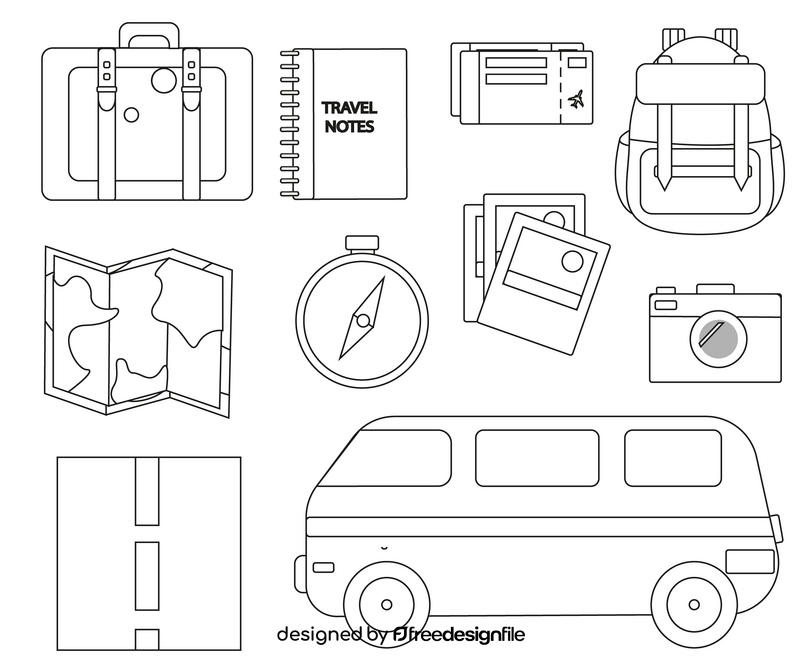 Trip, travel icons black and white vector