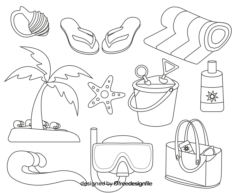 Beach objects, summer set black and white vector