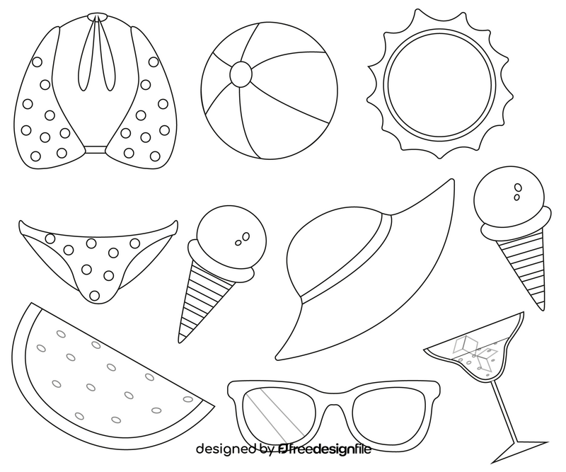 Summer beach elements black and white vector