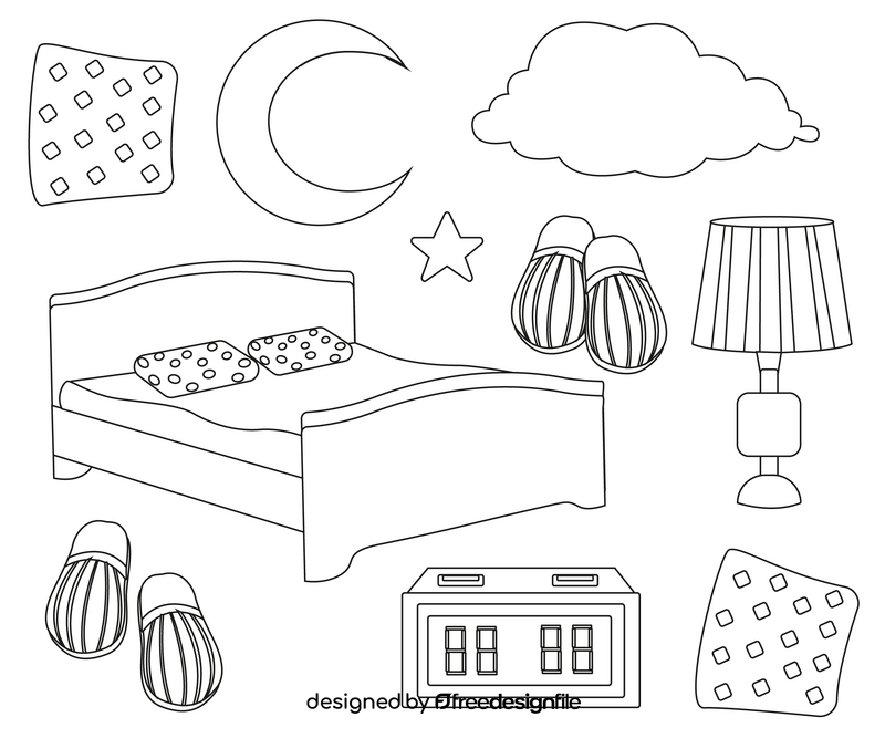 Bedroom elements, sleeping icons black and white vector