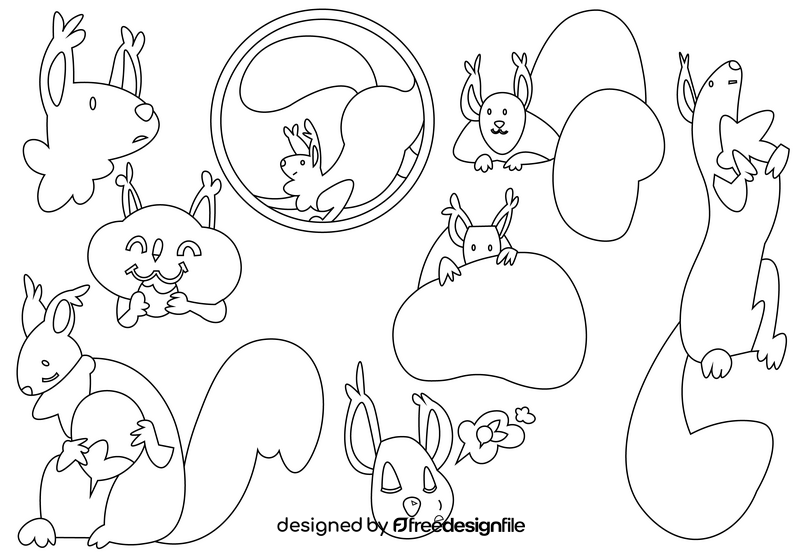 Squirrel cartoon set black and white vector