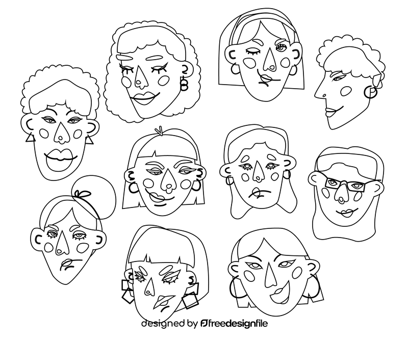 Female faces, women portraits black and white vector